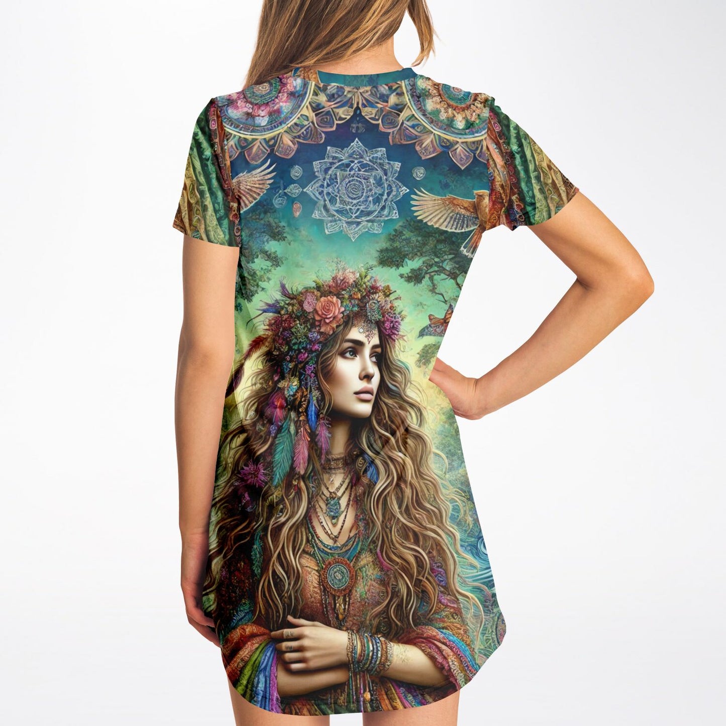 Spiritual Goddess Trinity Collection T-Shirt Dress – Vibrant All-Over Print (AOP) Featuring Unique Faces for Boho Chic Comfort