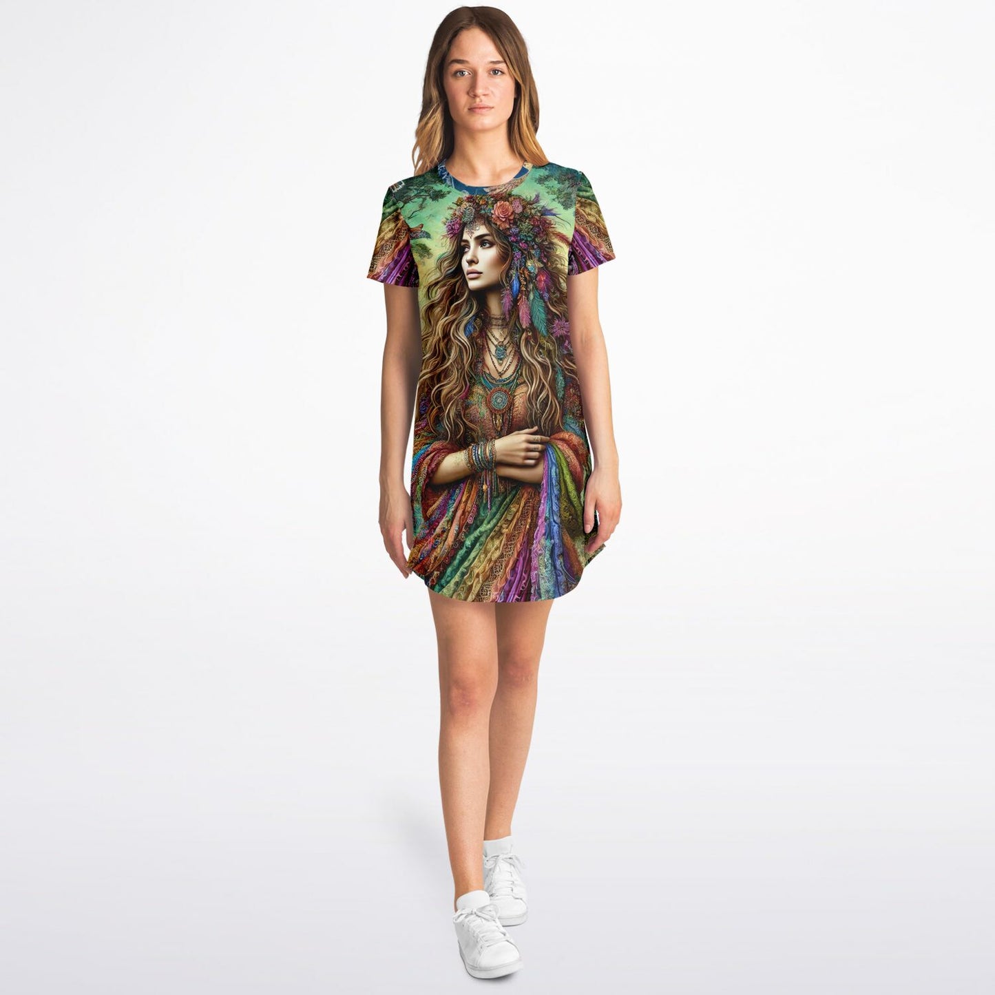 Spiritual Goddess Trinity Collection T-Shirt Dress – Vibrant All-Over Print (AOP) Featuring Unique Faces for Boho Chic Comfort