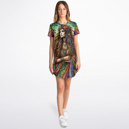 Spiritual Goddess Trinity Collection T-Shirt Dress – Vibrant All-Over Print (AOP) Featuring Unique Faces for Boho Chic Comfort
