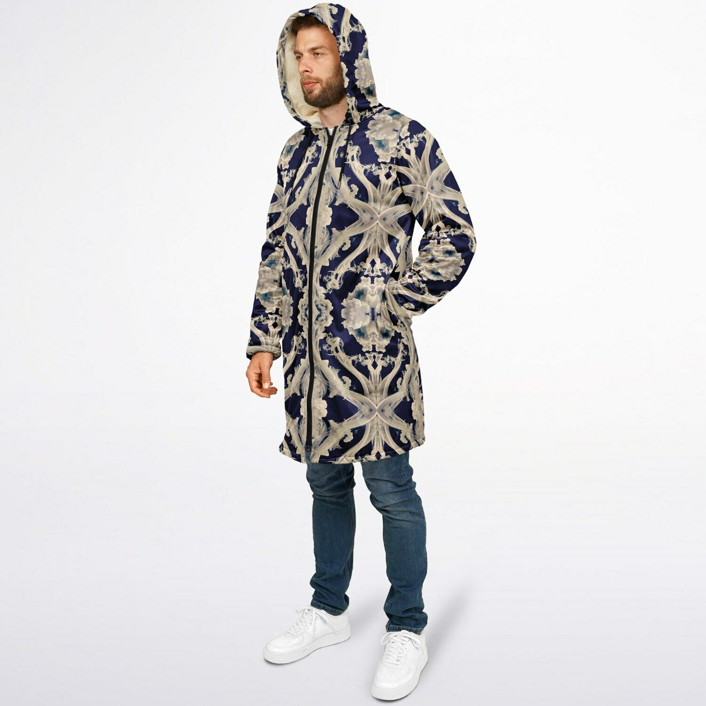 Clear Smoke Cymatic Zip Cloak – Sleek, Futuristic & Ultra-Cozy Longline Jacket