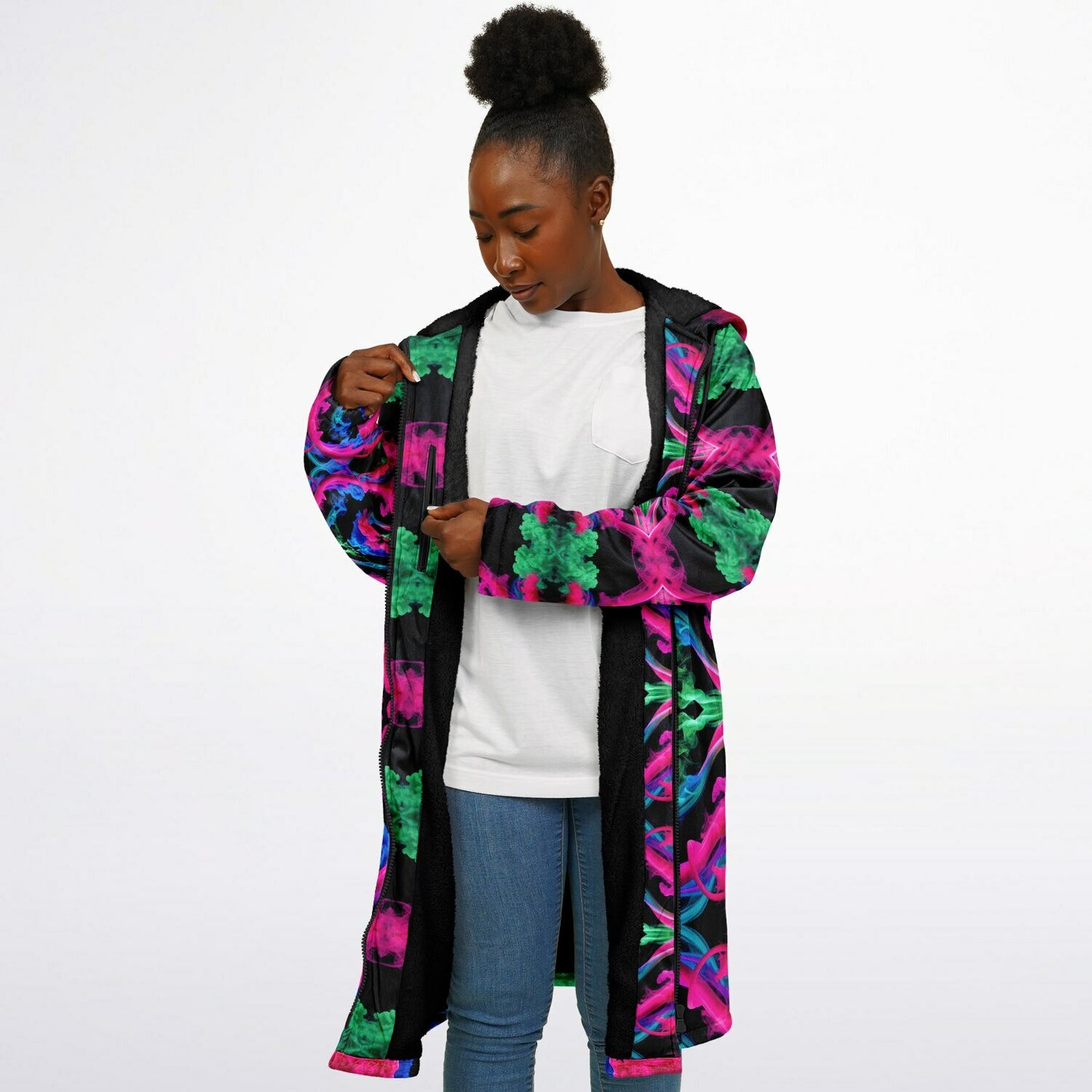Neon Spectrum Cymatic Zip Cloak – Bold, Futuristic & Ultra-Cozy Longline Jacket