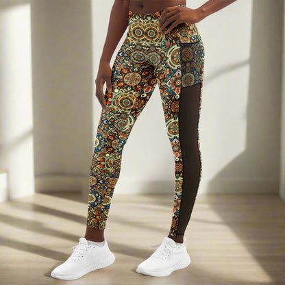 Boho Patchwork Mesh Pocket Leggings – Trendy All-Over Print (AOP) for Fashion-Forward Activewear
