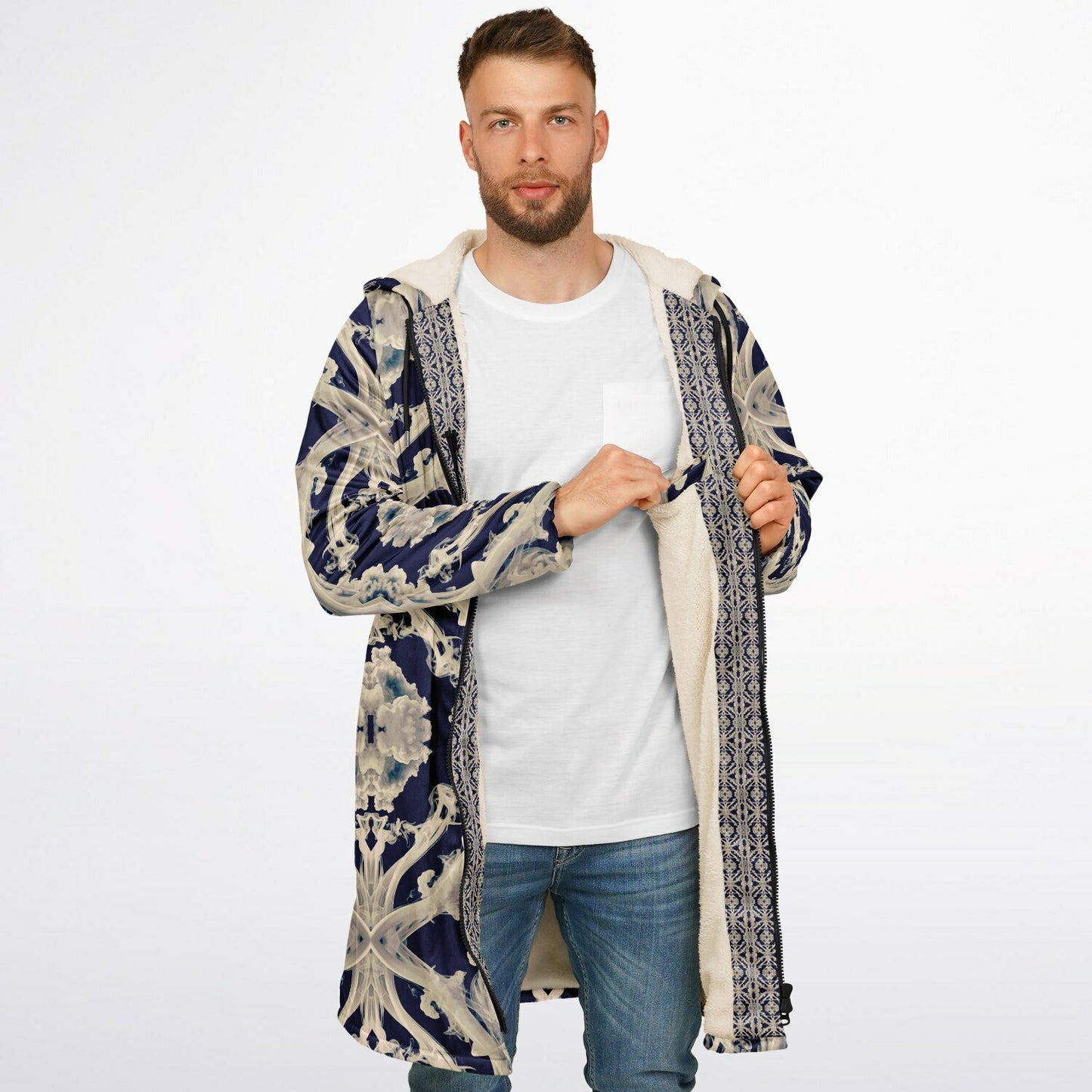 Clear Smoke Cymatic Zip Cloak – Sleek, Futuristic & Ultra-Cozy Longline Jacket