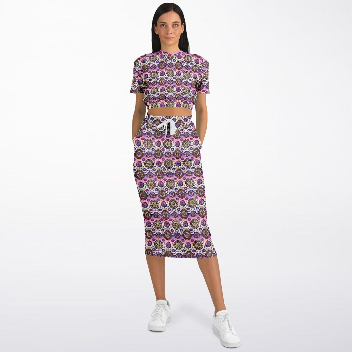 Geometric Pink Pattern Cropped Sweatshirt & Long Pocket Skirt Set – Bold Two-Piece Co-ord for Streetwear & Loungewear (AOP)