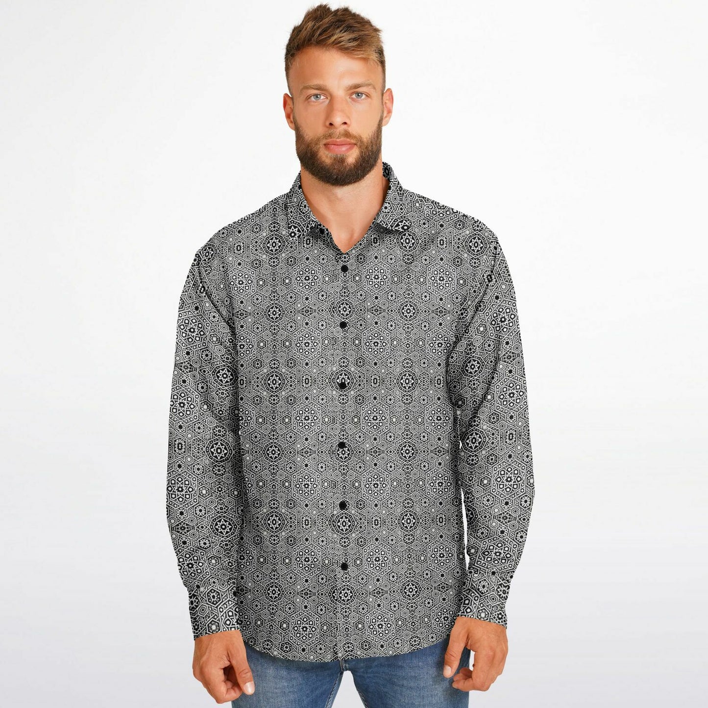 Grey Geometric Long Sleeve Button-Down Shirt – Stylish All-Over Print, Modern Casual & Formal Wear