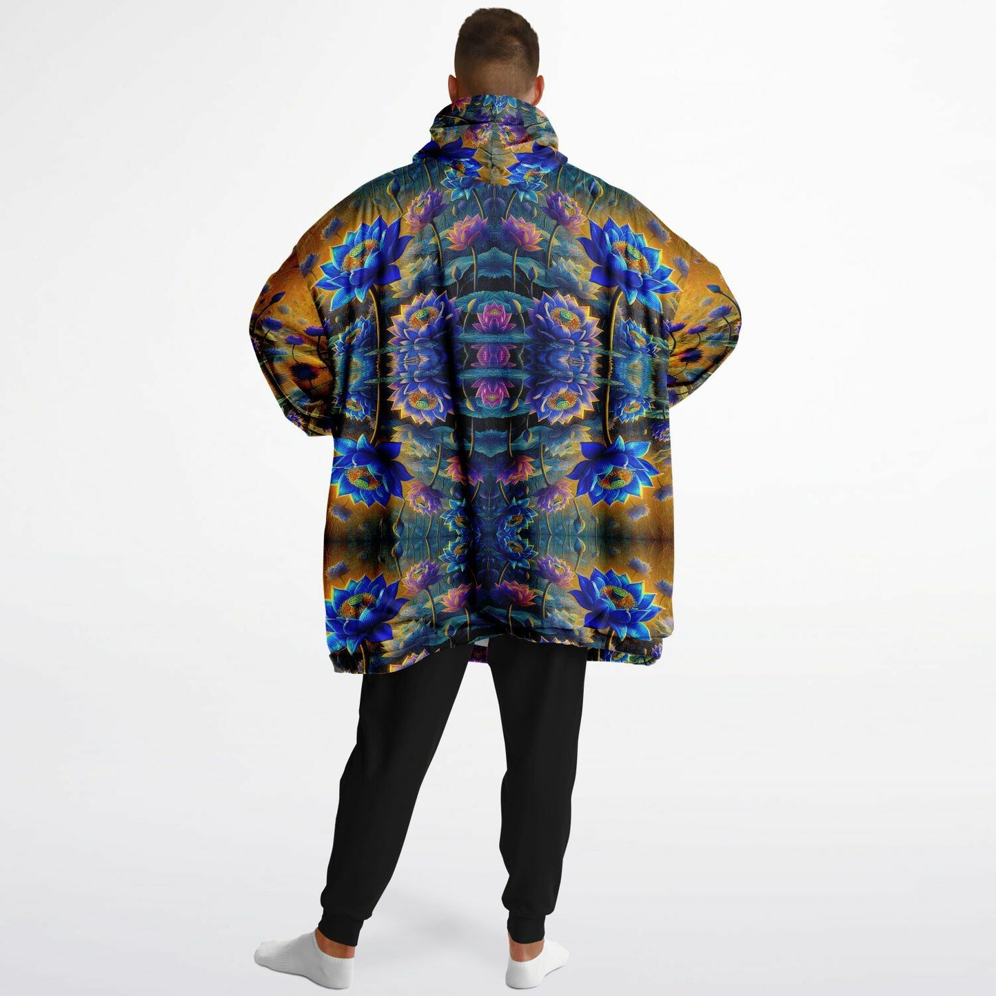 Blue Lotus Flower Snug Hoodie – Oversized Fleece-Lined Wearable Blanket, Unisex Cozy Loungewear (One-Size Fits Up to 5XL)