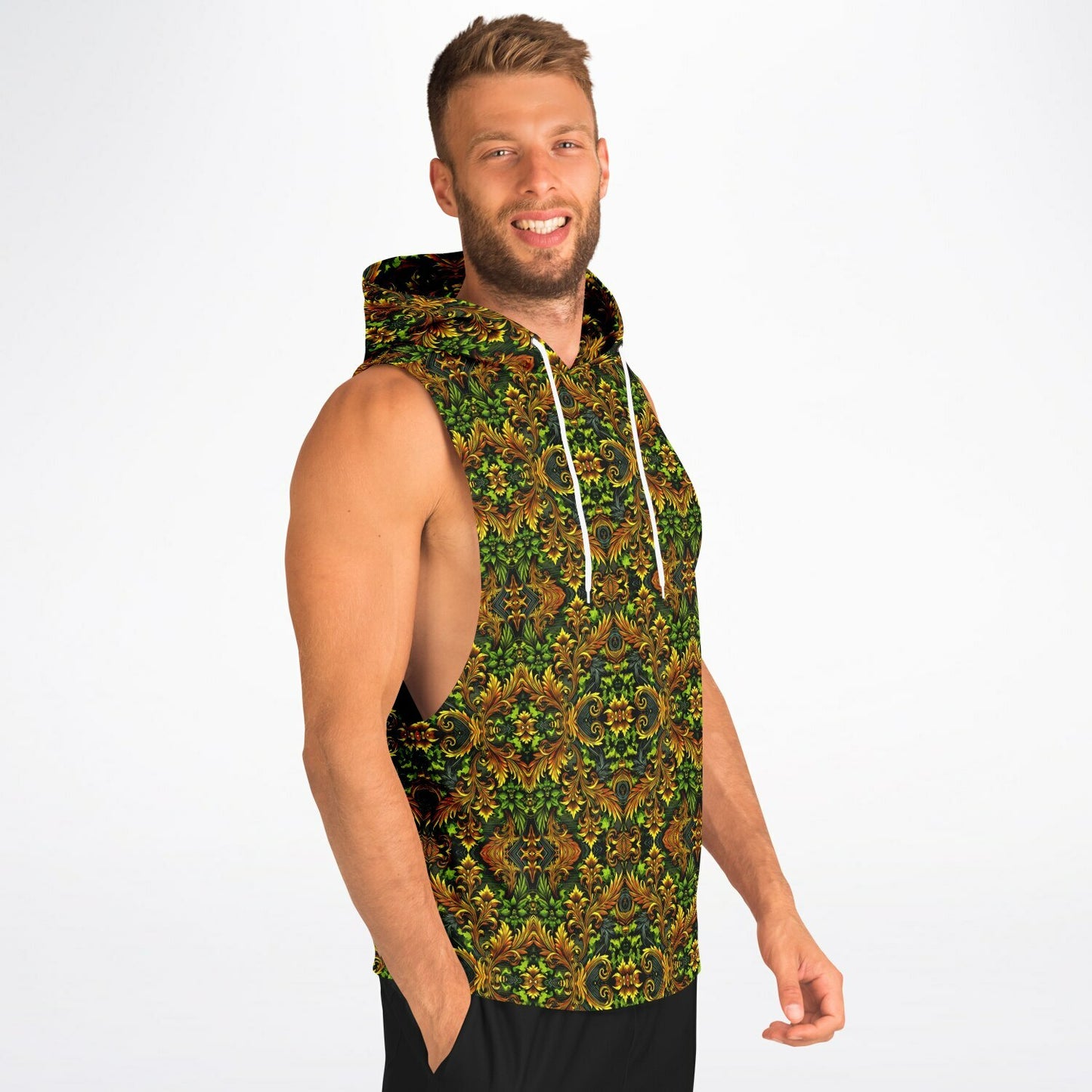 Emerald Green & Gold Athletic Drop Armhole Hoodie – All-Over Print, Lightweight & Breathable Activewear