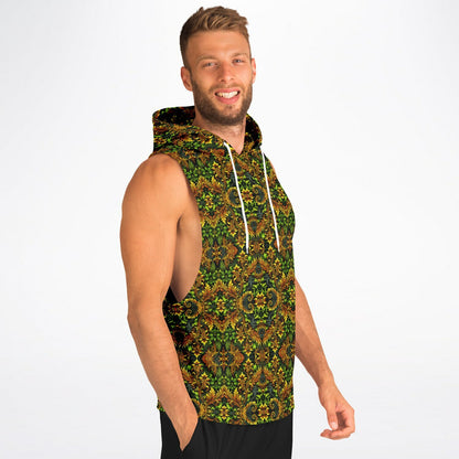 Emerald Green & Gold Athletic Drop Armhole Hoodie – All-Over Print, Lightweight & Breathable Activewear