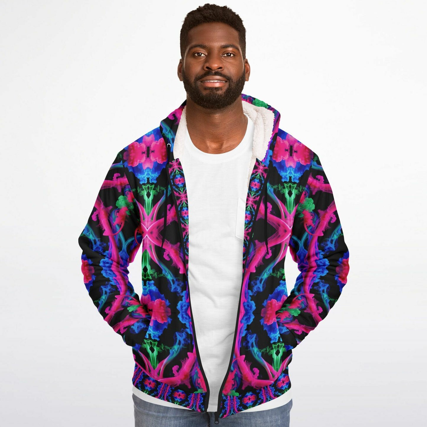 Neon Spectrum Cymatic Microfleece Zip Hoodie – Vibrant, Cozy & Bold All-Over Print Jacket