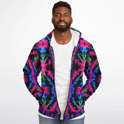 Neon Spectrum Cymatic Microfleece Zip Hoodie – Vibrant, Cozy & Bold All-Over Print Jacket