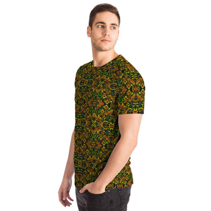 Emerald Green & Gold Pocket T-Shirt – All-Over Print, Stylish Casual Wear with Chest Pocket