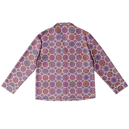 Luxury Pink Geometric Women’s Satin Pyjamas – All-Over Print Elegant Sleepwear, Soft & Comfortable Pajama Set for Women