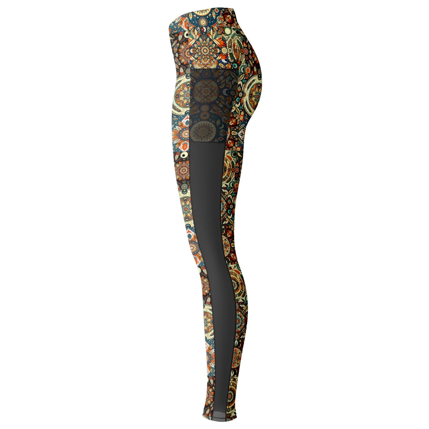 Boho Patchwork Mesh Pocket Leggings – Trendy All-Over Print (AOP) for Fashion-Forward Activewear