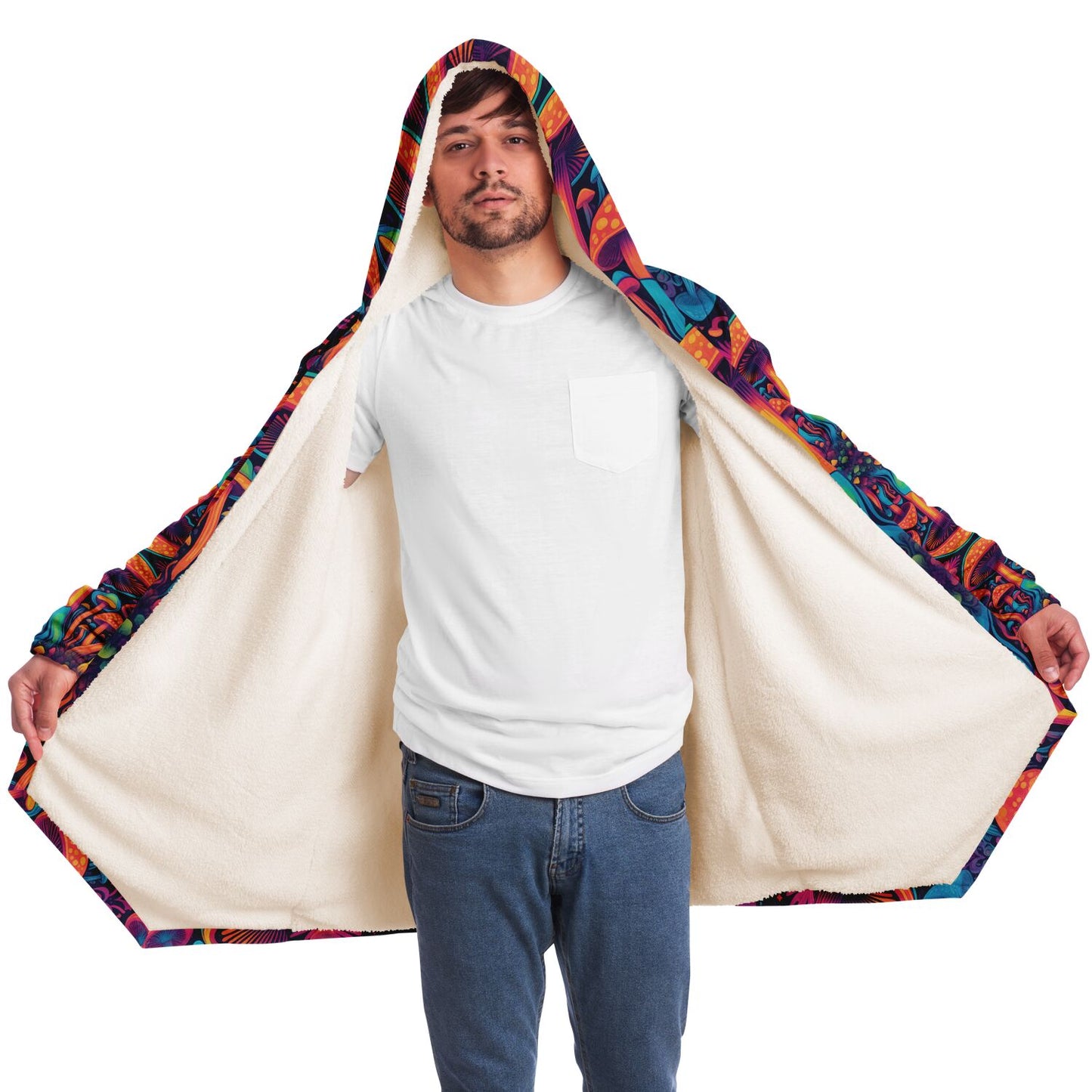 Magic Mushroom Micro-Fleece Cloak – Enchanting Psychedelic Hooded Blanket for Ultimate Comfort (AOP)