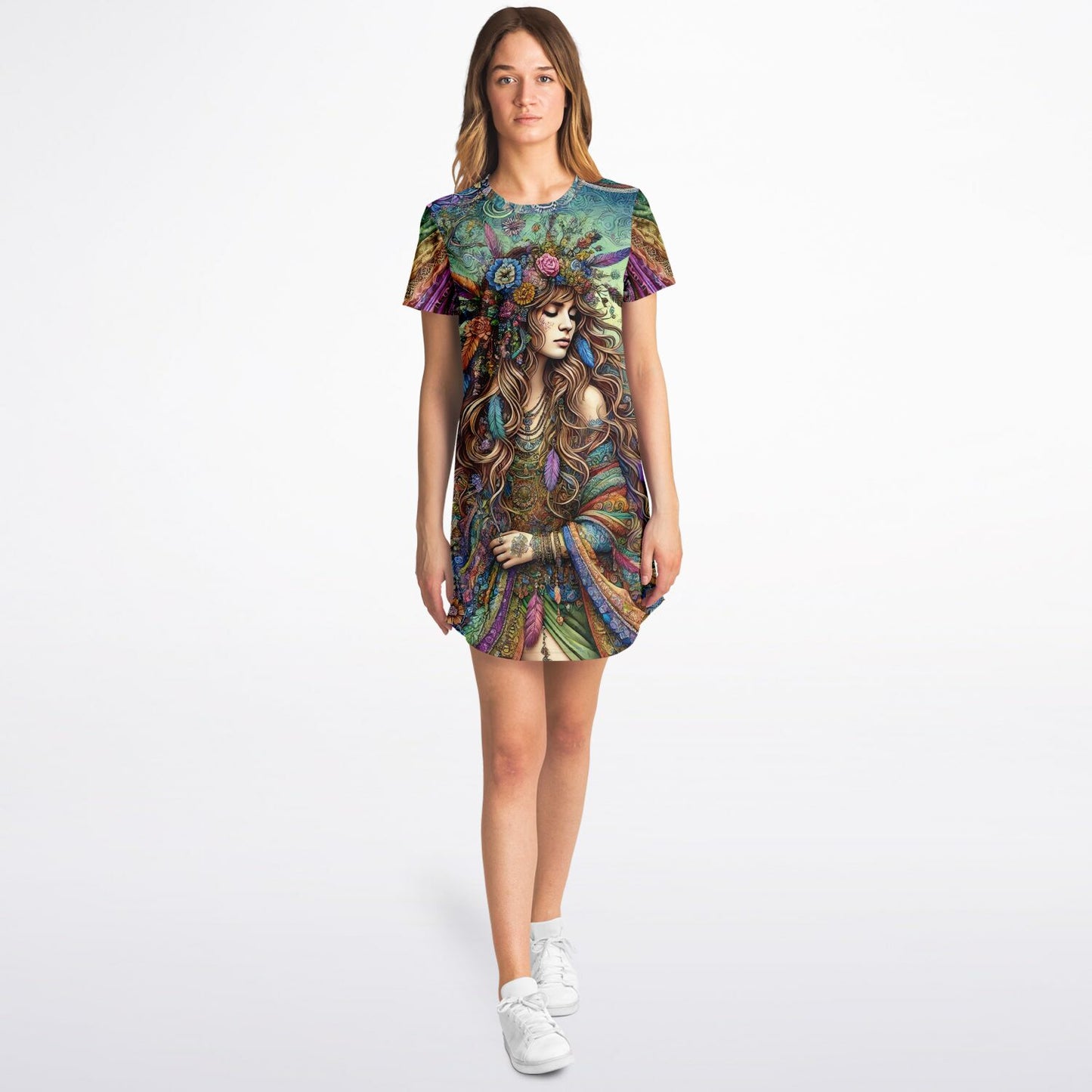 Spiritual Goddess Trinity Collection T-Shirt Dress – Unique Faces, Premium All-Over Print (AOP) for Boho Style and Comfort