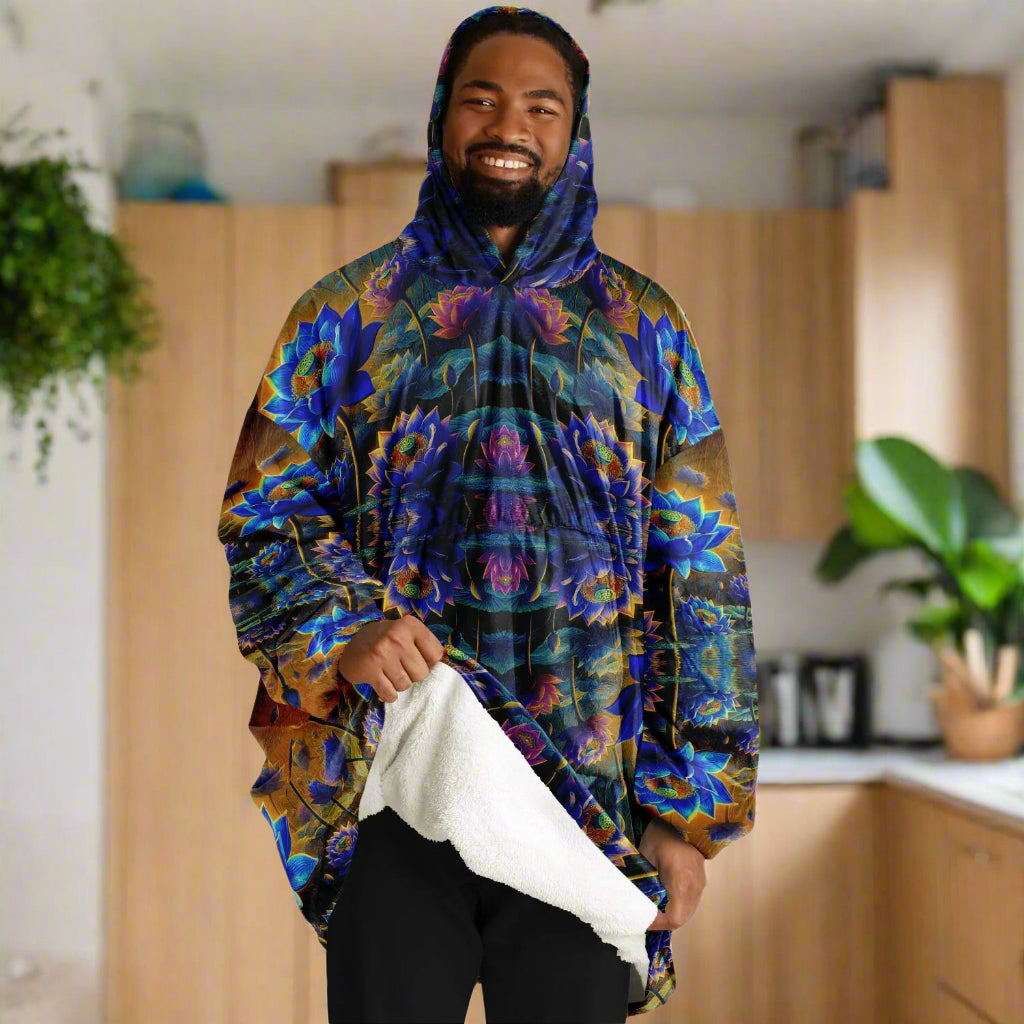 Blue Lotus Flower Snug Hoodie – Oversized Fleece-Lined Wearable Blanket, Unisex Cozy Loungewear (One-Size Fits Up to 5XL)