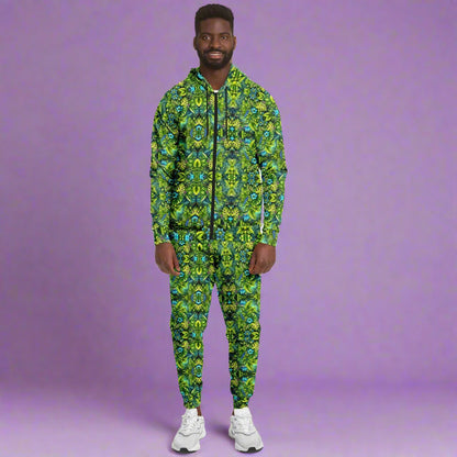 Tropical Trip “Grass is Greener” Psychedelic Zip Hoodie & Jogger Set – Vibrant Festival Streetwear for Bold Self-Expression