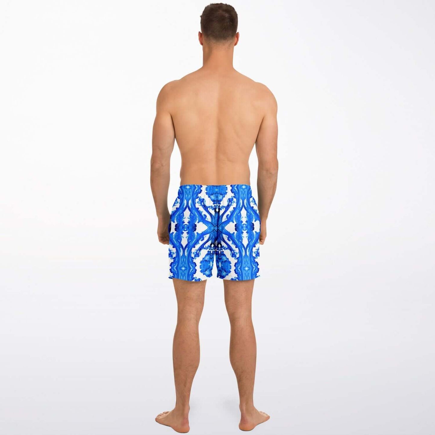 Model wearing Ocean Blue Cymatic Men’s Swim Shorts from the back, showcasing the vibrant blue design.