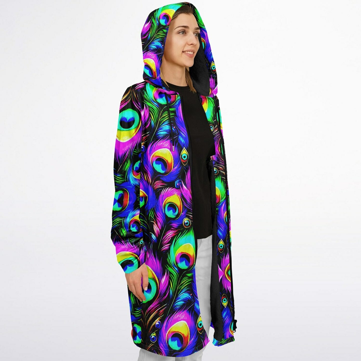 Psychedelic Peacock Print Zipper Cloak - Bold, Vibrant All-Over Design | Luxurious Comfort & Striking Style