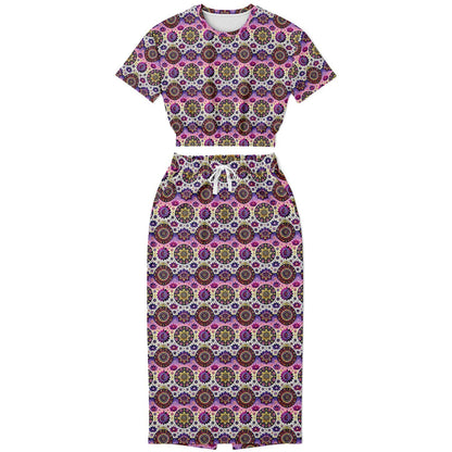 Geometric Pink Pattern Cropped Sweatshirt & Long Pocket Skirt Set – Bold Two-Piece Co-ord for Streetwear & Loungewear (AOP)