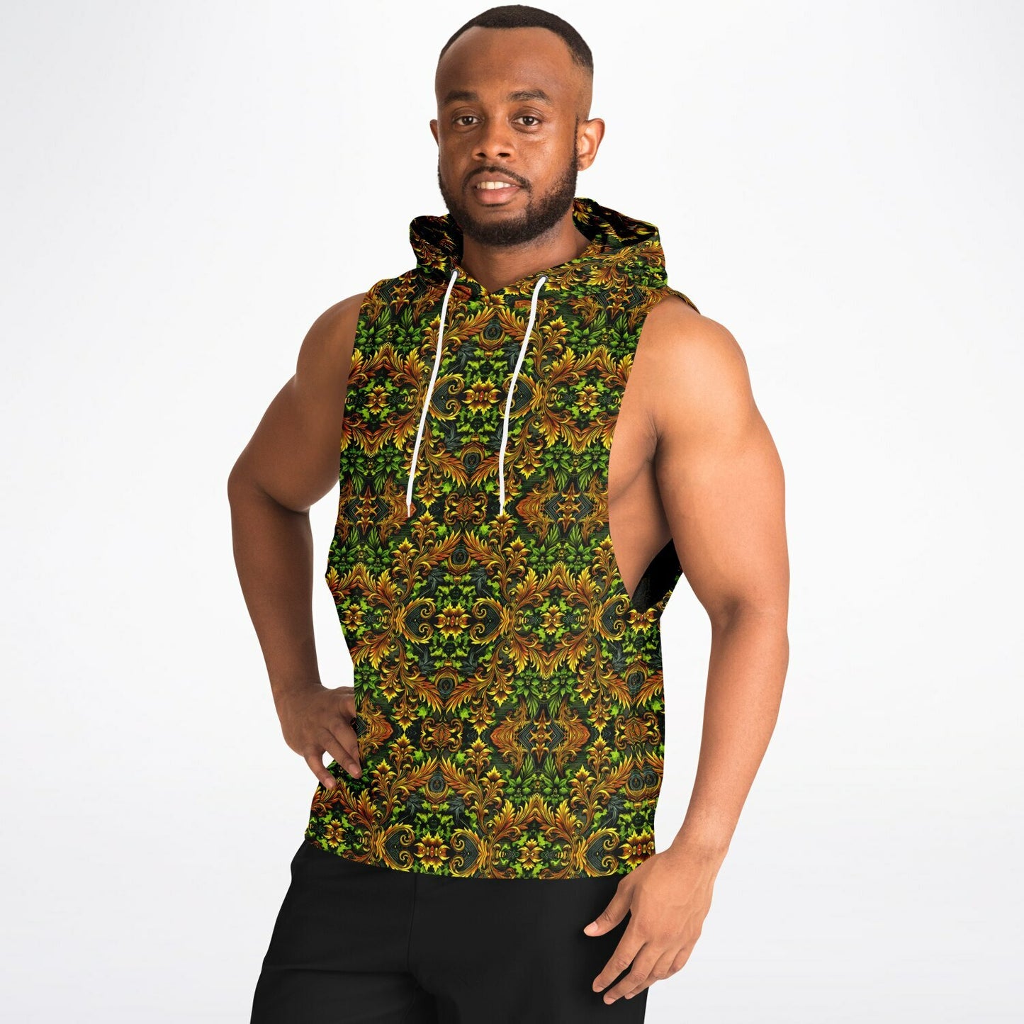 Emerald Green & Gold Athletic Drop Armhole Hoodie – All-Over Print, Lightweight & Breathable Activewear