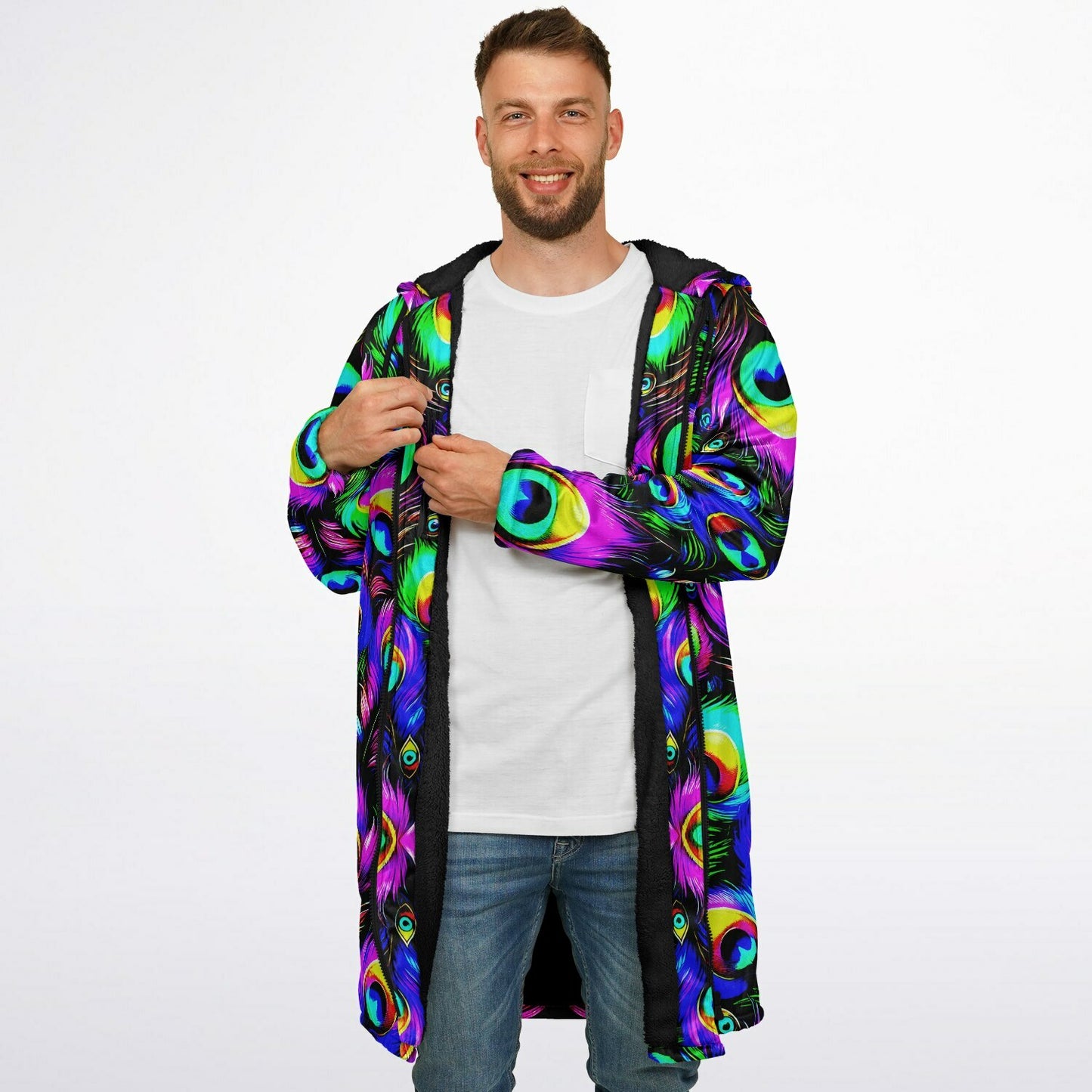 Psychedelic Peacock Print Zipper Cloak - Bold, Vibrant All-Over Design | Luxurious Comfort & Striking Style