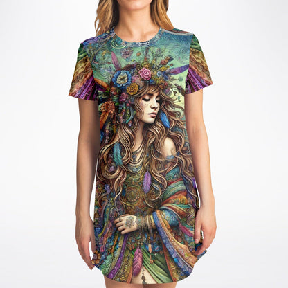 Spiritual Goddess Trinity Collection T-Shirt Dress – Unique Faces, Premium All-Over Print (AOP) for Boho Style and Comfort