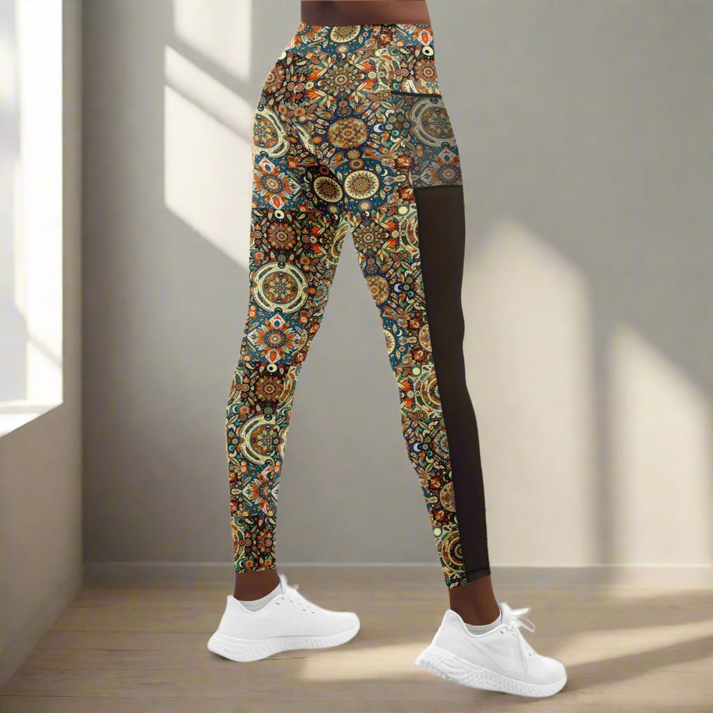 Boho Patchwork Mesh Pocket Leggings – Trendy All-Over Print (AOP) for Fashion-Forward Activewear