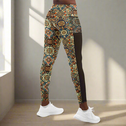 Boho Patchwork Mesh Pocket Leggings – Trendy All-Over Print (AOP) for Fashion-Forward Activewear