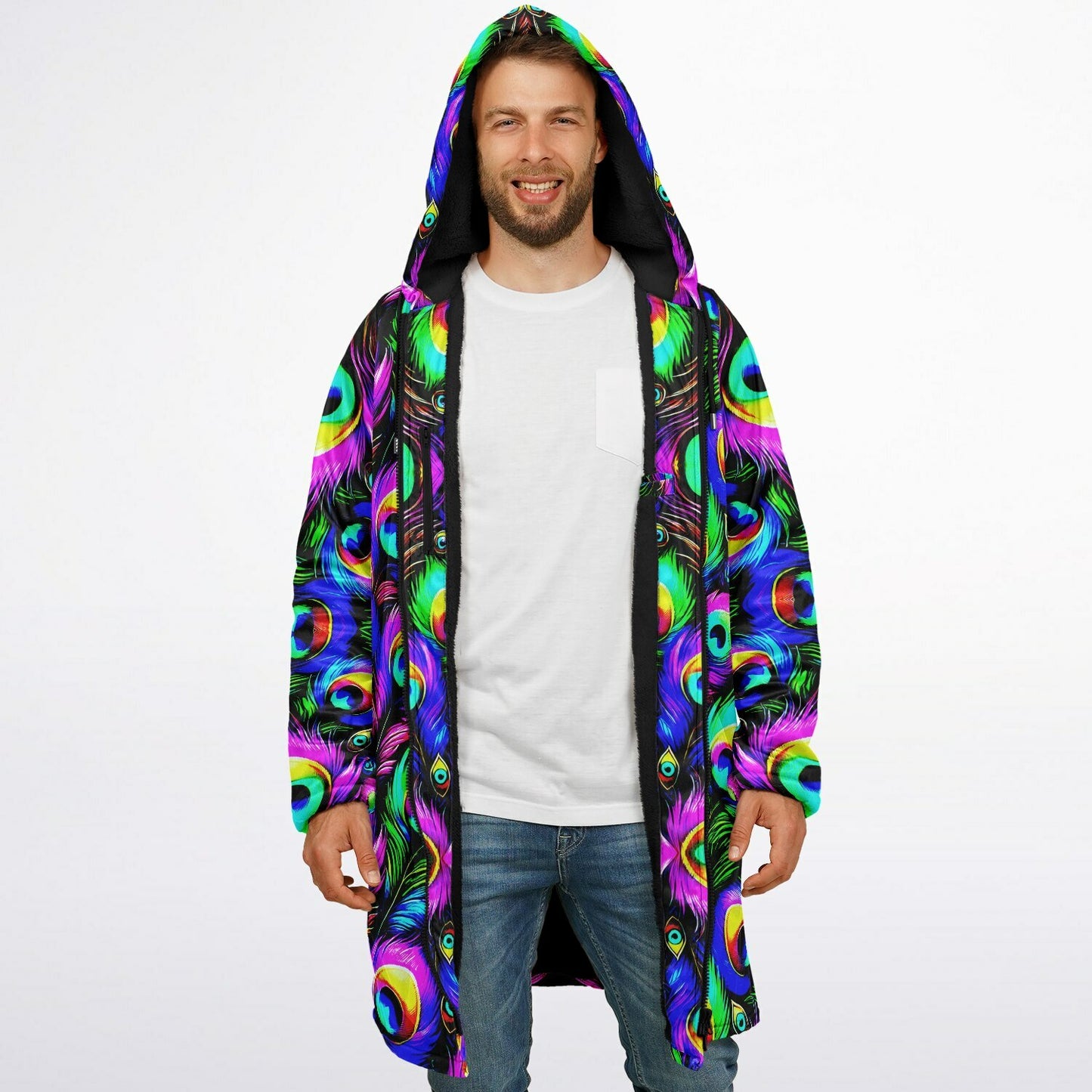 Psychedelic Peacock Print Zipper Cloak - Bold, Vibrant All-Over Design | Luxurious Comfort & Striking Style