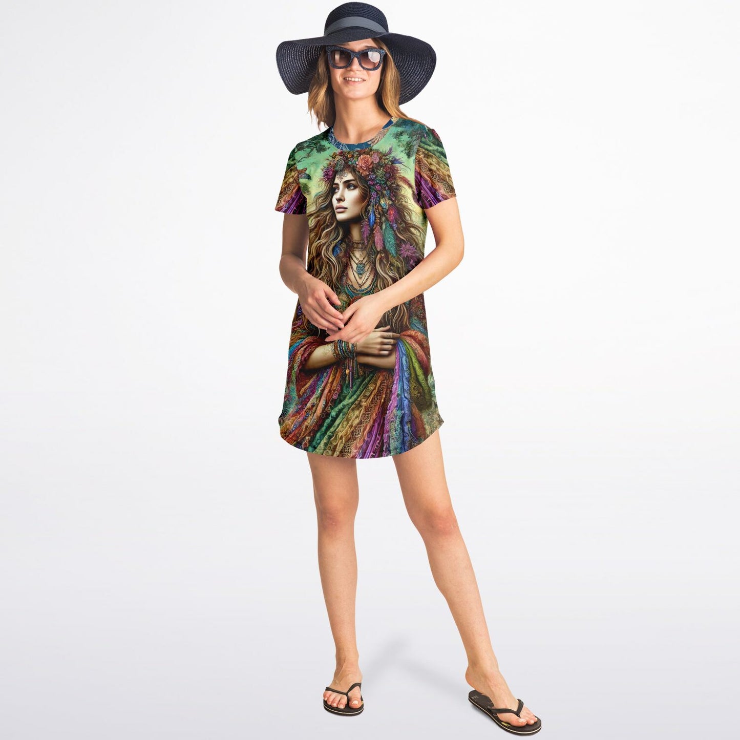 Spiritual Goddess Trinity Collection T-Shirt Dress – Vibrant All-Over Print (AOP) Featuring Unique Faces for Boho Chic Comfort