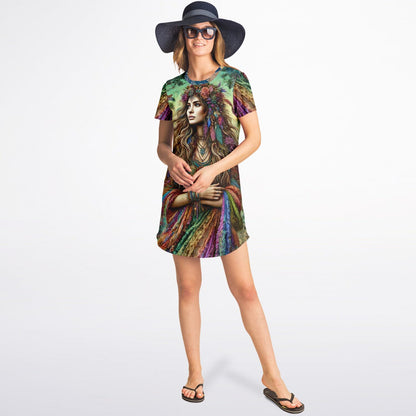 Spiritual Goddess Trinity Collection T-Shirt Dress – Vibrant All-Over Print (AOP) Featuring Unique Faces for Boho Chic Comfort