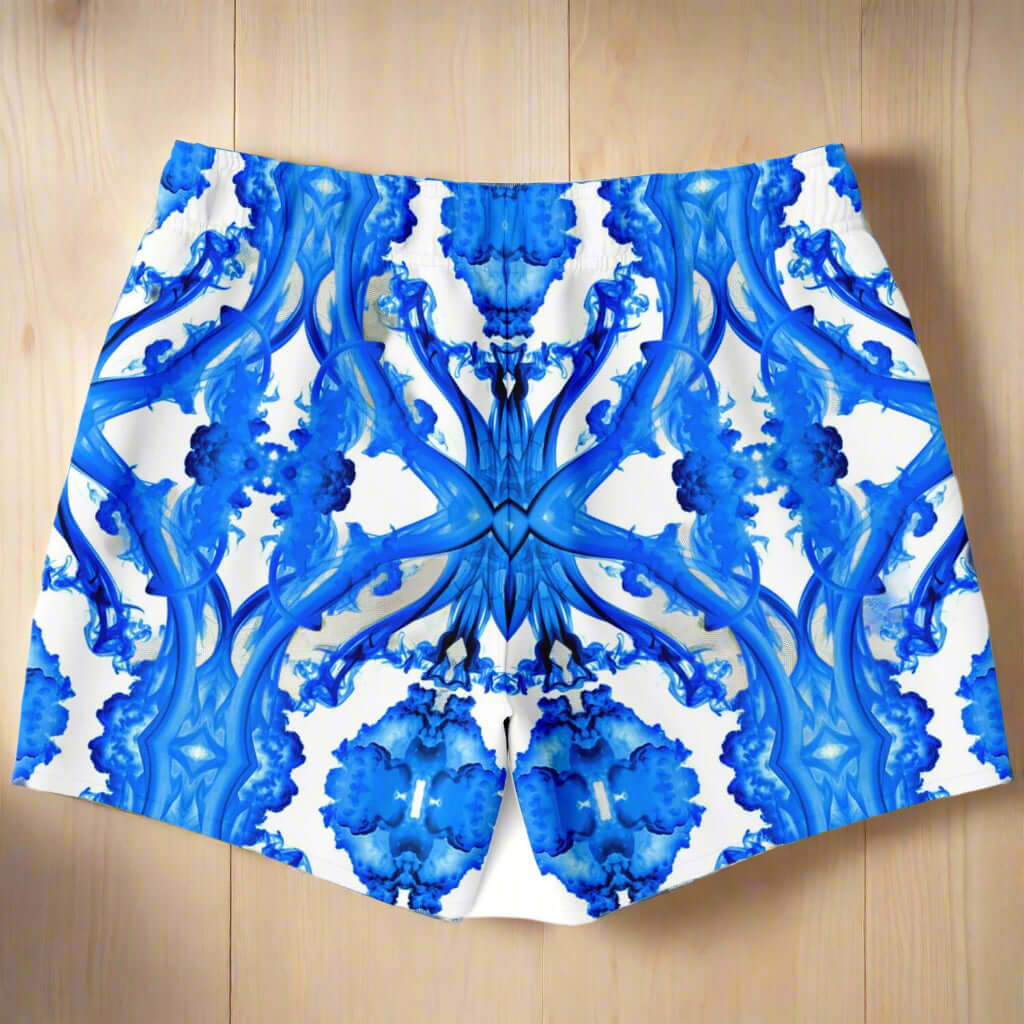 Ocean Blue Cymatic Men's Swim Shorts featuring vibrant blue and white abstract design, perfect for stylish summer wear.