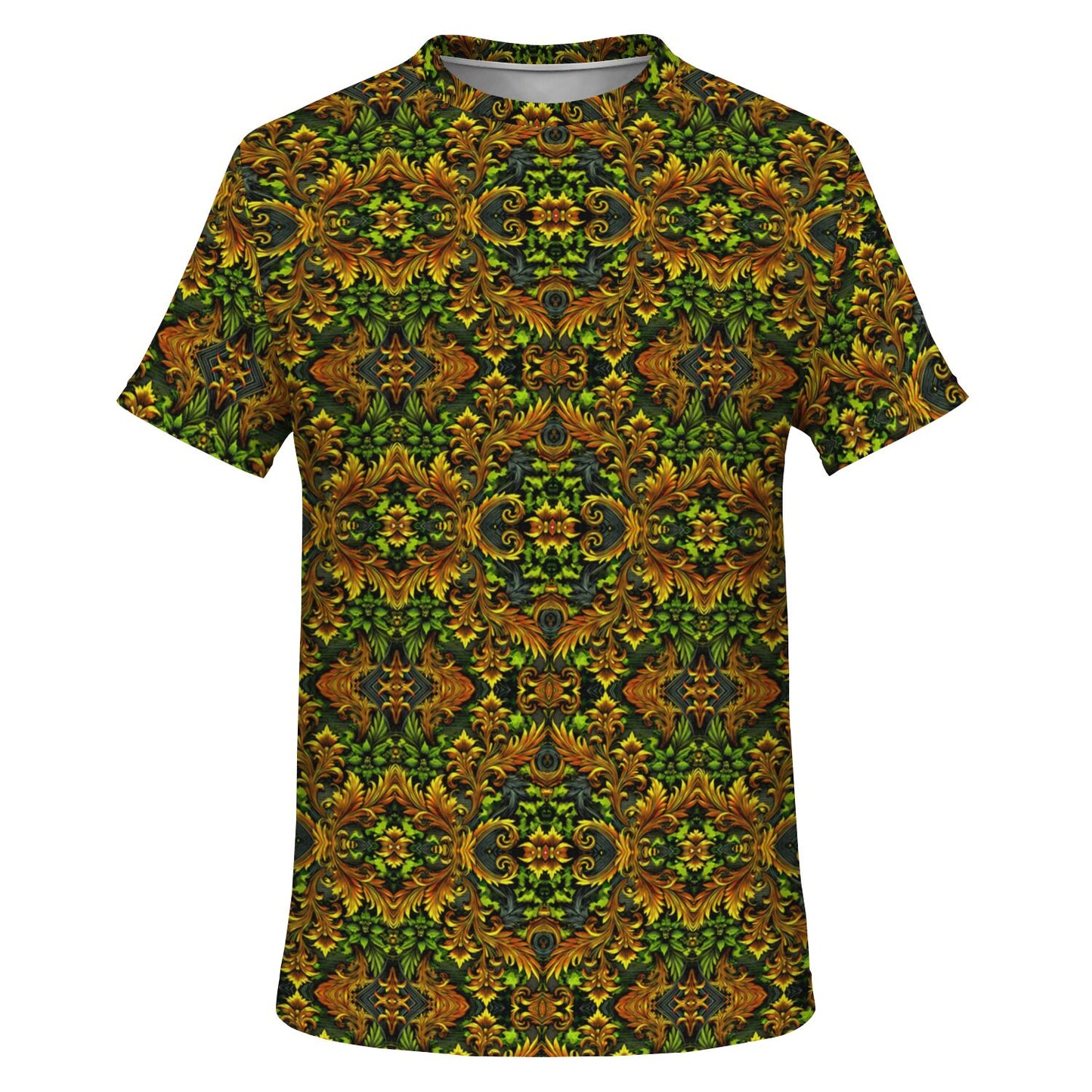 Emerald Green & Gold Pocket T-Shirt – All-Over Print, Stylish Casual Wear with Chest Pocket