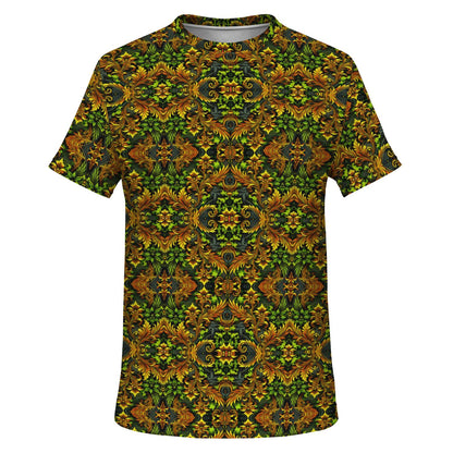 Emerald Green & Gold Pocket T-Shirt – All-Over Print, Stylish Casual Wear with Chest Pocket