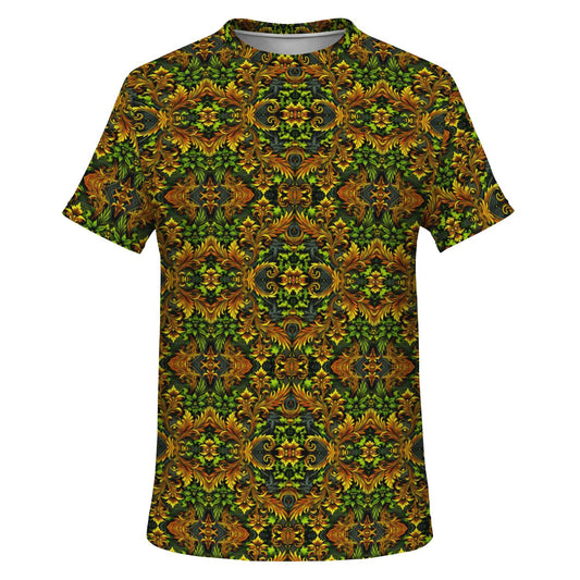 Emerald Green & Gold Pocket T-Shirt – All-Over Print, Stylish Casual Wear with Chest Pocket