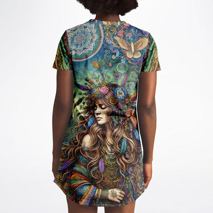 Spiritual Goddess Trinity Collection T-Shirt Dress – Unique Faces, Premium All-Over Print (AOP) for Boho Style and Comfort