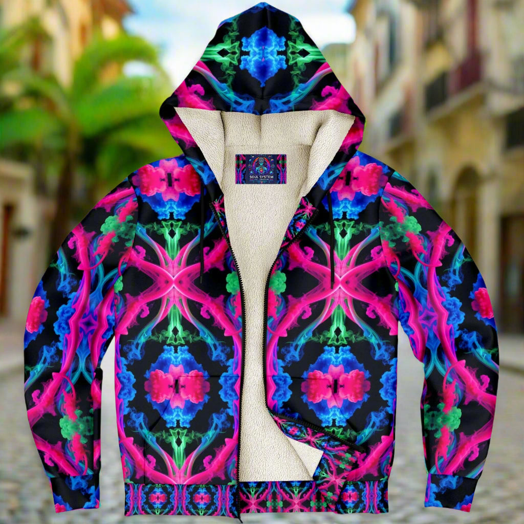 Neon Spectrum Cymatic Microfleece Zip Hoodie – Vibrant, Cozy & Bold All-Over Print Jacket