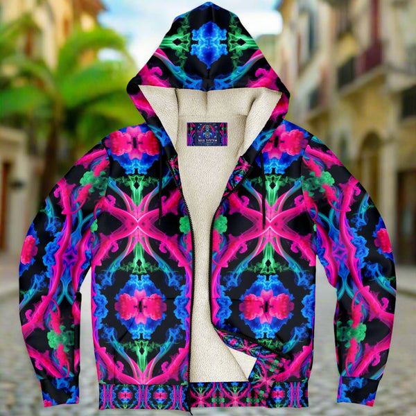 Neon Spectrum Cymatic Microfleece Zip Hoodie – Vibrant, Cozy & Bold All-Over Print Jacket
