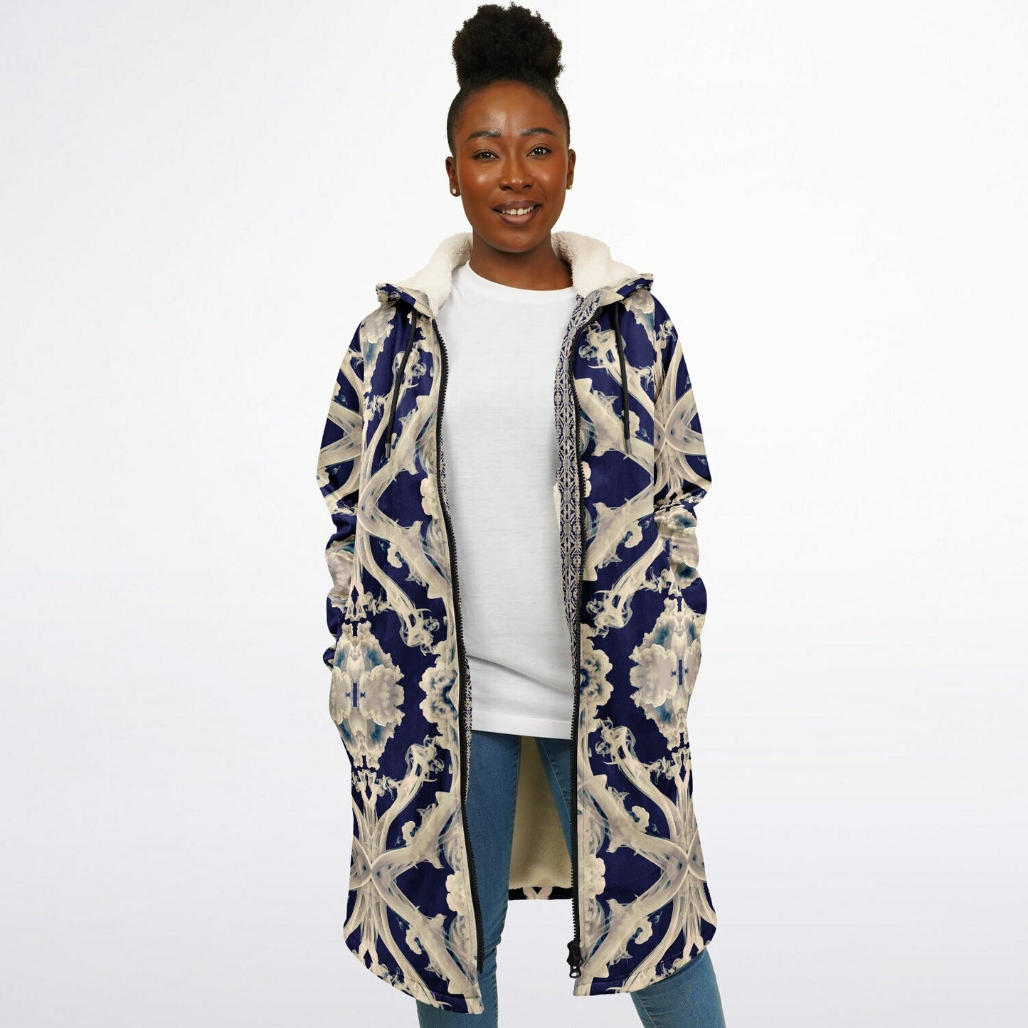 Clear Smoke Cymatic Zip Cloak – Sleek, Futuristic & Ultra-Cozy Longline Jacket