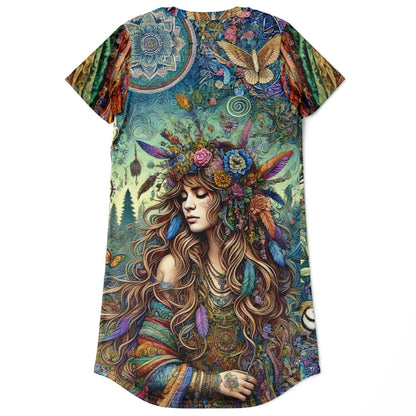 Spiritual Goddess Trinity Collection T-Shirt Dress – Unique Faces, Premium All-Over Print (AOP) for Boho Style and Comfort