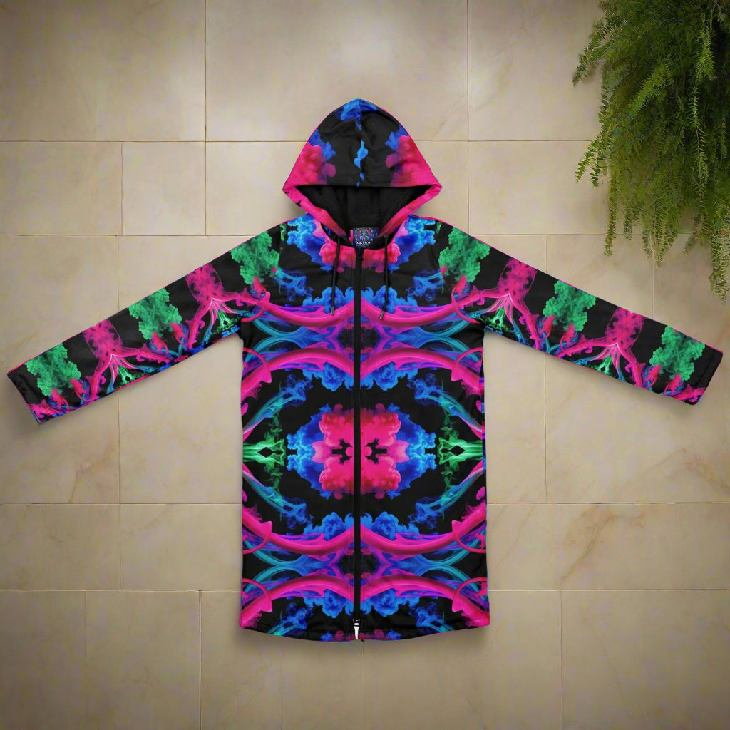 Neon Spectrum Cymatic Zip Cloak – Bold, Futuristic & Ultra-Cozy Longline Jacket