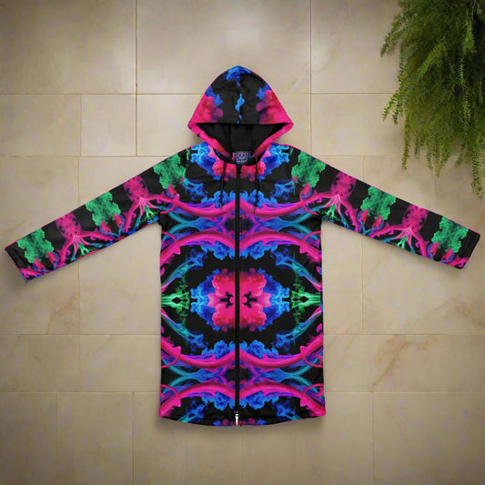 Neon Spectrum Cymatic Zip Cloak – Bold, Futuristic & Ultra-Cozy Longline Jacket