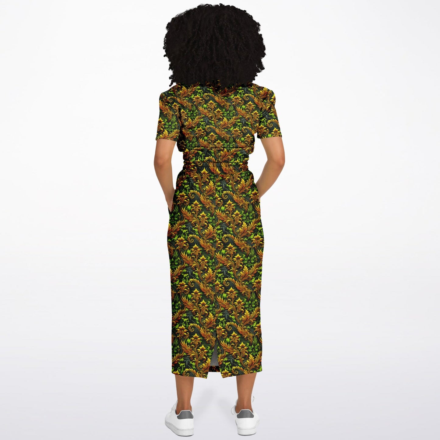 Gold Garden Cropped Sweatshirt & Long Pocket Skirt Set – Trendy Two-Piece Loungewear & Streetwear Outfit (AOP)