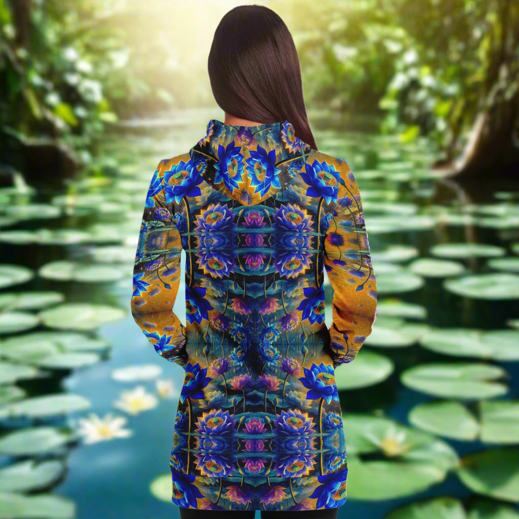 Blue Lotus Flower, Female, Longline Hoodie – Boho-Inspired All-Over Print Hoodie for Streetwear, Loungewear, Everyday Comfort (AOP)