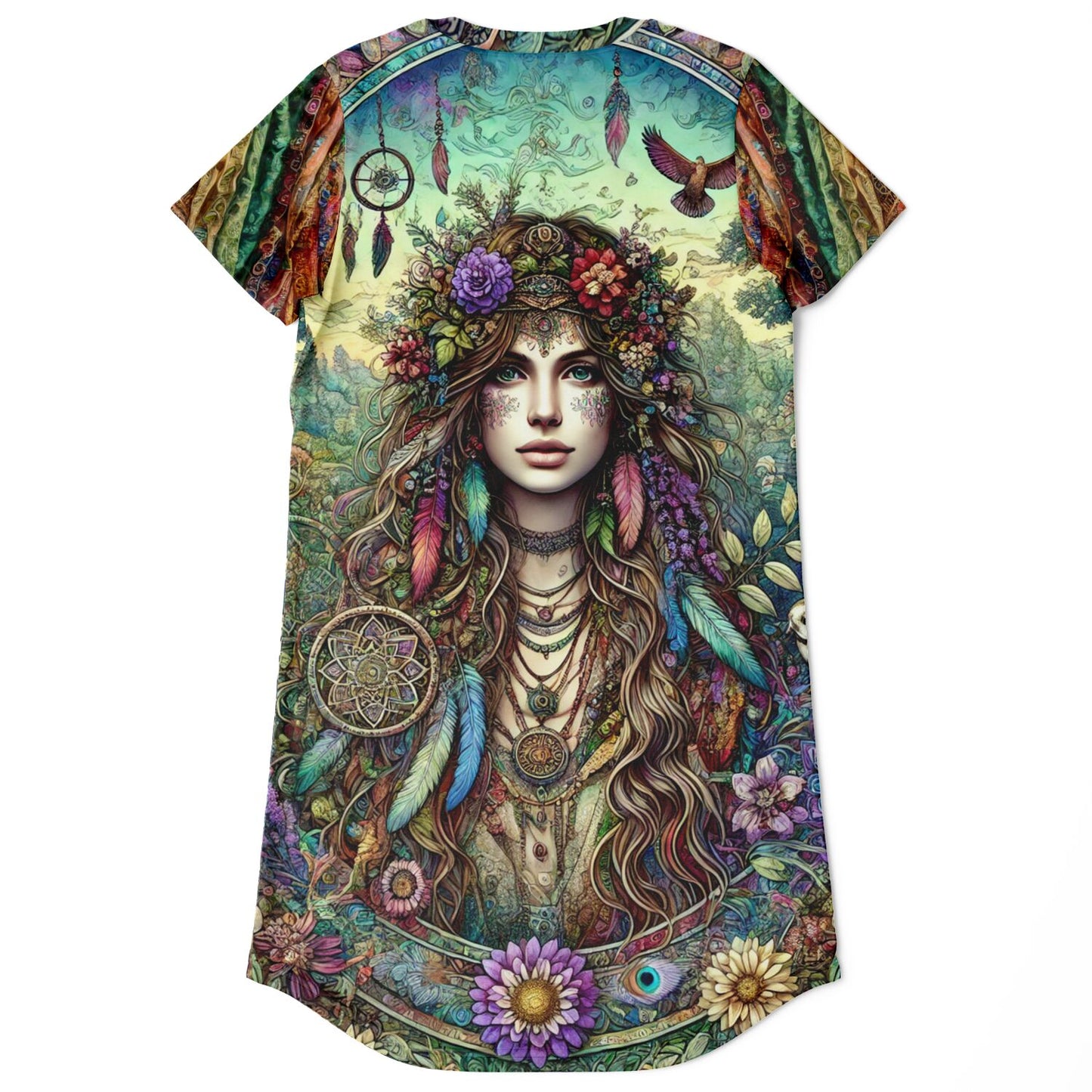 Spiritual Goddess Trinity Collection T-Shirt Dress – Vibrant All-Over Print (AOP) Featuring Unique Faces for Boho Chic Comfort