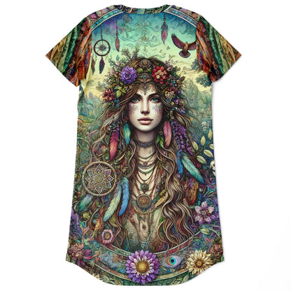 Spiritual Goddess Trinity Collection T-Shirt Dress – Vibrant All-Over Print (AOP) Featuring Unique Faces for Boho Chic Comfort