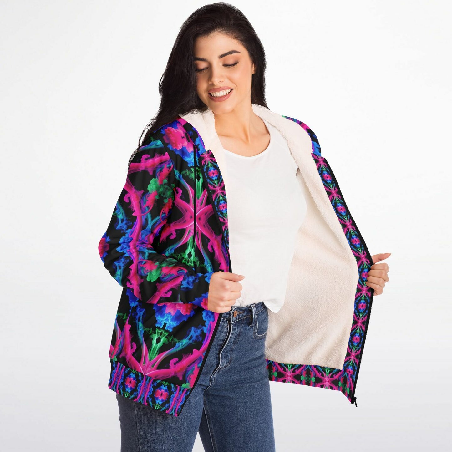 Neon Spectrum Cymatic Microfleece Zip Hoodie – Vibrant, Cozy & Bold All-Over Print Jacket