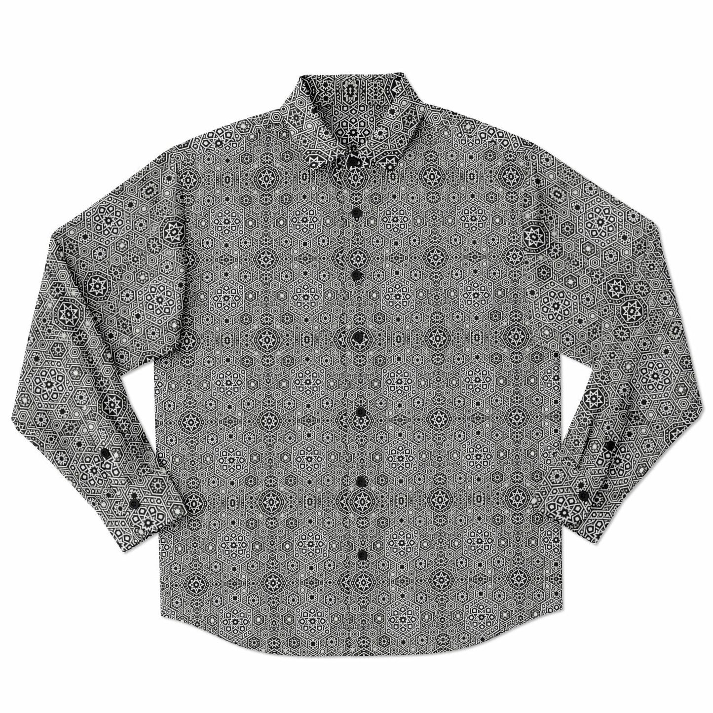 Grey Geometric Long Sleeve Button-Down Shirt – Stylish All-Over Print, Modern Casual & Formal Wear