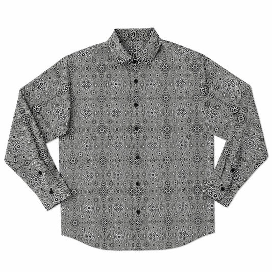 Grey Geometric Long Sleeve Button-Down Shirt – Stylish All-Over Print, Modern Casual & Formal Wear